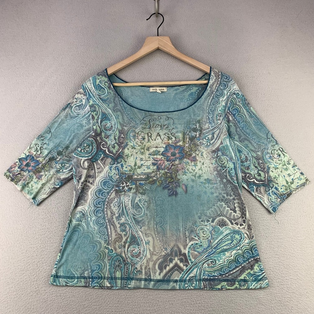 xcit u.s.a. Leaves of Grass Top Women XL Blue Paisley Floral 3/4 Sleeve Y2K
